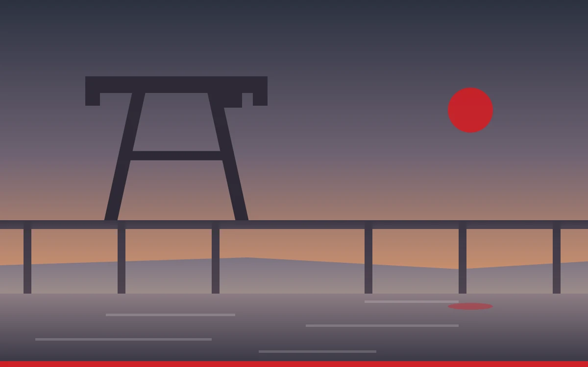 Illustration of a shipyard gantry crane above the James River at dusk