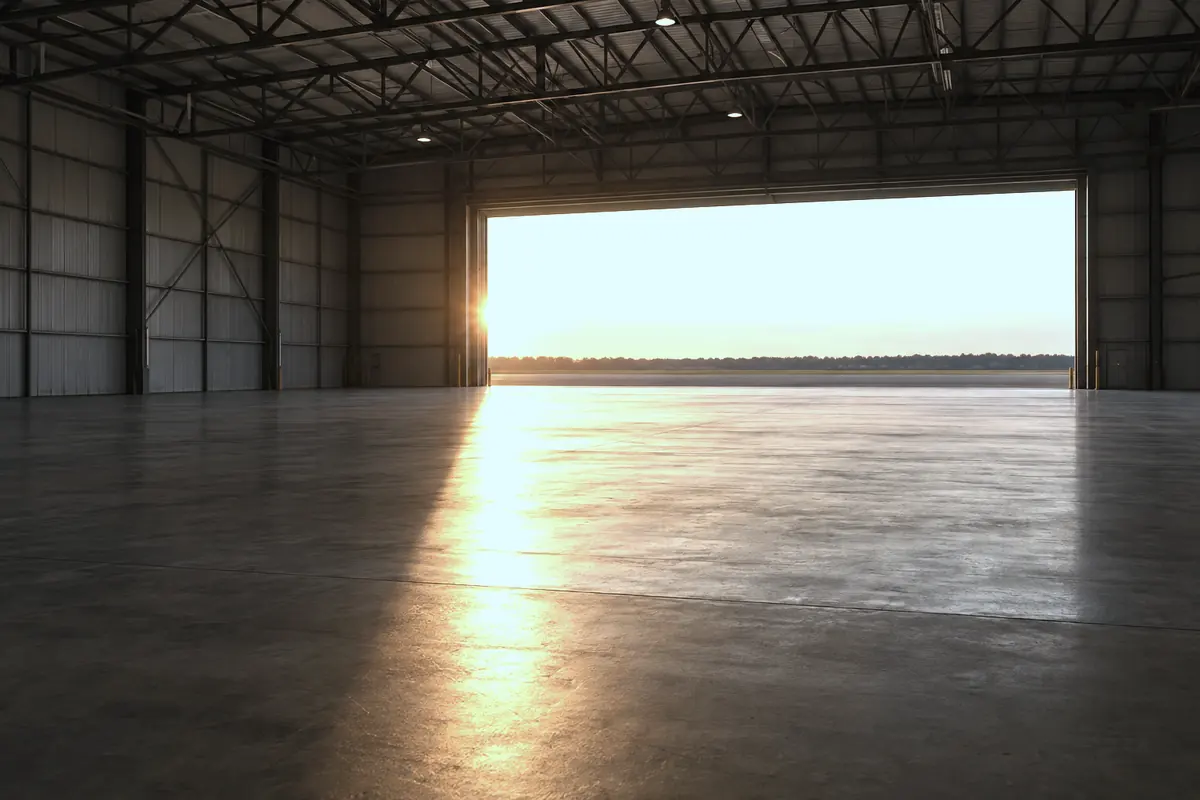 The open door of an empty aircraft hangar at sunrise, low sun across the concrete floor