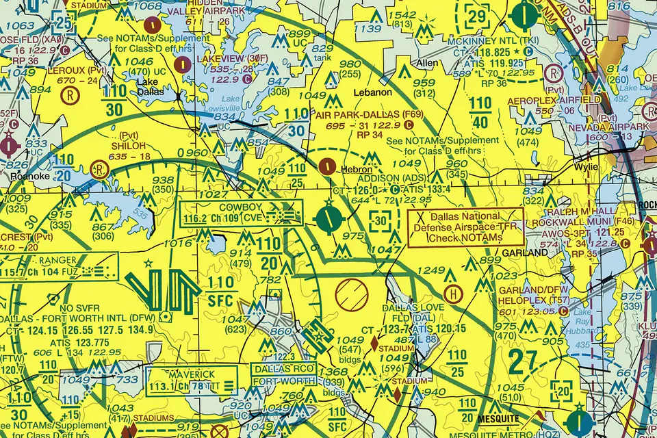 FAA VFR sectional chart centered on Addison Airport (KADS), showing the surrounding airspace, nearby fields and terrain