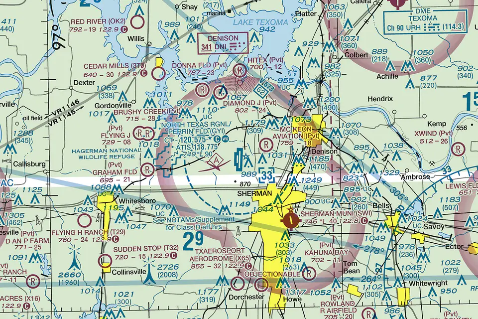 FAA VFR sectional chart centered on North Texas Regional Airport (KGYI), showing the surrounding airspace, nearby fields and terrain