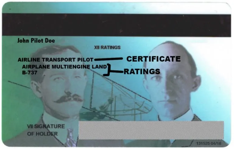 Example FAA airline transport pilot certificate with its multiengine and B-737 type ratings marked