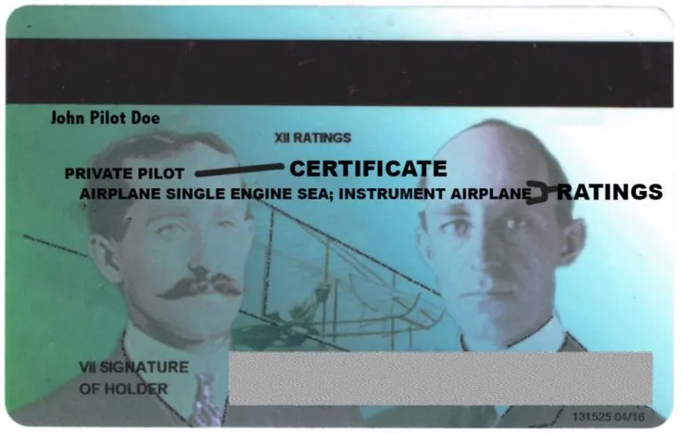 Example FAA private pilot certificate with its single-engine sea and instrument ratings marked