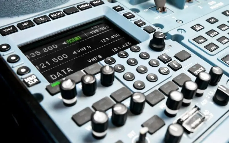 Airliner radio panel with the SQWK key used to set a transponder code