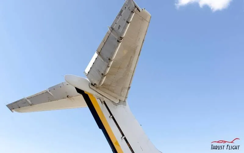 T-tail of a jet with the elevator on the horizontal stabilizer