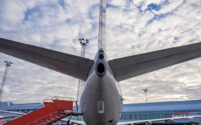 Airliner tail from below showing the horizontal stabilizer and elevators