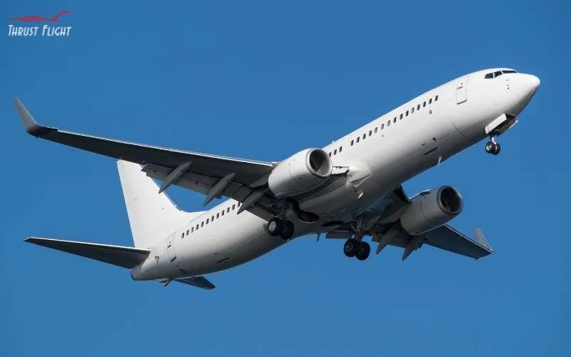 Commercial airplane flying at takeoff speed