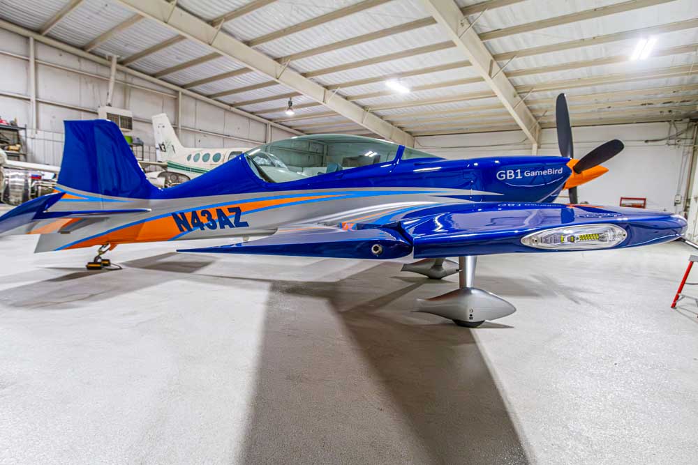GB1 GameBird N43AZ parked in a hangar, side view