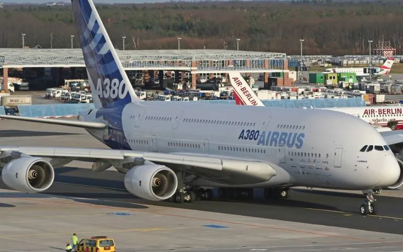 Airbus A380-800 double-deck airliner taxiing at an airport