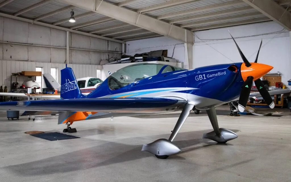 GB1-Gamebird-1 GB1 GameBird aerobatic airplane in a hangar, front three-quarter view